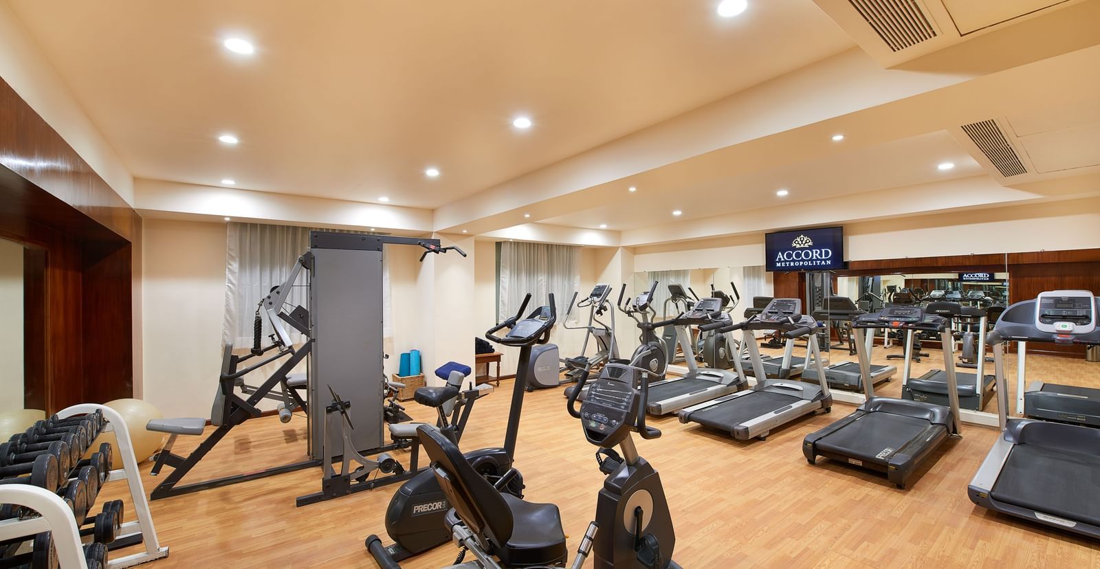 An image of a gym featuring various kinds of fitness equipment